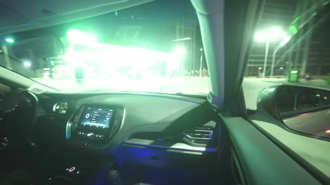 The car driving with automatic controlling at night city road Stock Footage 156543771