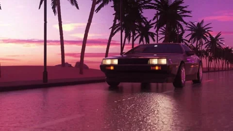 Car driving by the beach, synthwave theme, sunset. Stock Footage 252149970
