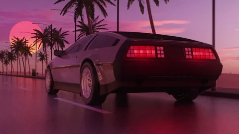 Car driving by the beach, synthwave theme, sunset. Stock Footage 253623760