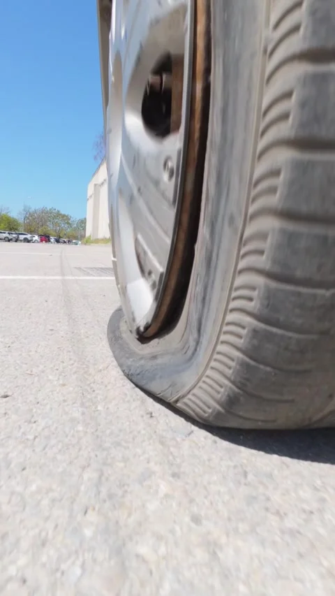 Car driving on a completely flat tire on the asphalt road 库存影片 334315651