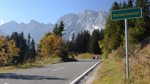 Car Driving down Alpine Road Ahornbüchsenkopf Video stock 111292643