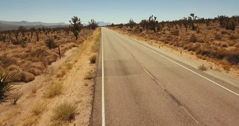 Car driving down empty road in the Mojave Desert Stockbeeldmateriaal 101889430
