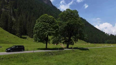 Car driving down a scenic mountain road in the alps, Switzerland Stock Footage 317817472