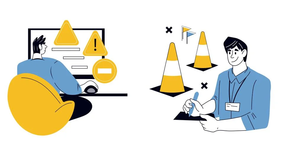 Car driving exam with the help of a instructor and training lesson, vector se Stock Illustration
