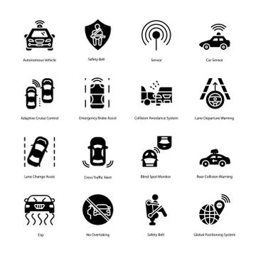 Car Driving Glyph Icons Stock Illustration