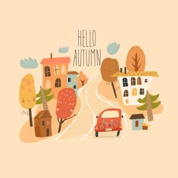 Car is driving on the road through small town Stock Illustration