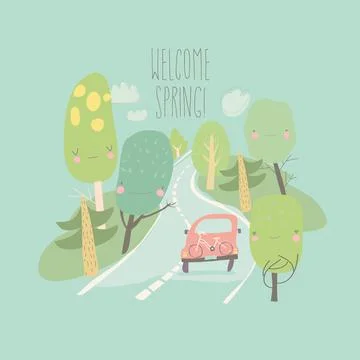 Car is driving on the road through spring forest Stock Illustration
