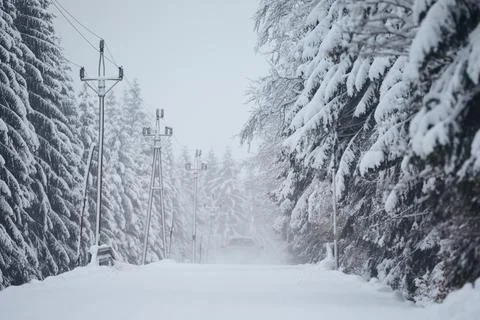 Car driving on snow covered road in the middle of forest Stockfoto's