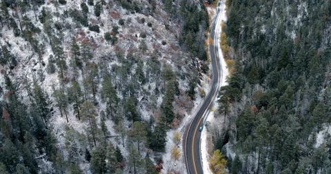 Car driving on snowy mountain road, Santa Fe, New Mexico, United States Stock Footage