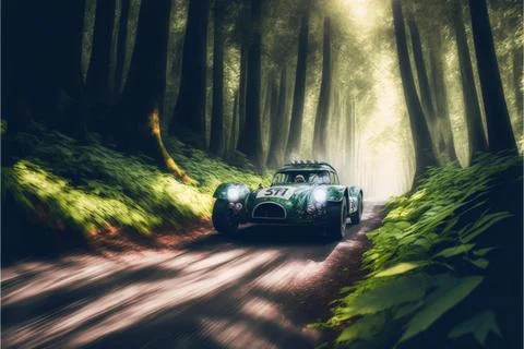 Car driving through the forest, Made by AI,Artificial intelligence Stock Illustration