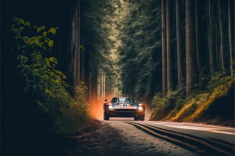 Car driving through the forest, Made by AI,Artificial intelligence Stock Illustration