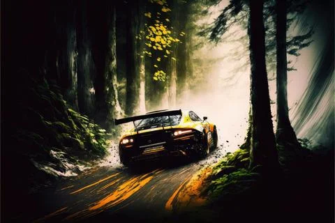 Car driving through the forest, Made by AI,Artificial intelligence Stock Illustration
