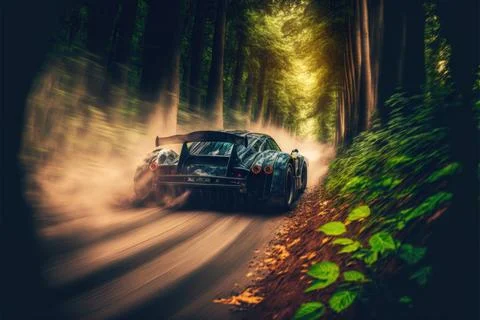 Car driving through the forest, Made by AI,Artificial intelligence Stock Illustration