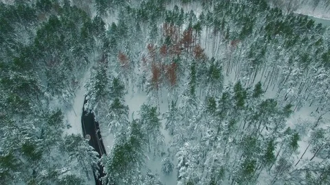 Car driving through snowy pine forest in winter aerial drone footage Stock Footage 83697940