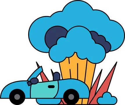 A car is driving through a storm with a cloud of smoke coming out of the back Stock Illustration