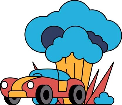 A car is driving through a storm with a cloud of smoke coming out of the back Stock Illustration