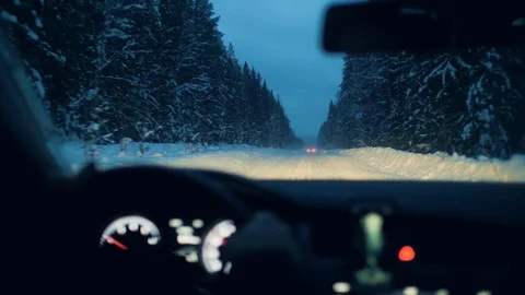 Car driving through winter forest at evening. View from front window of the car Stock Footage 123159636