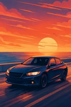 Car driving toward sunset. Vector landscape illustration. Stock Illustration