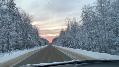 A car driving on a winter road surrounded by trees Video stock 172099104