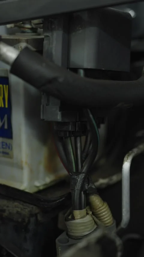Car electrical wiring harness connected to terminal next to battery block Stock Footage 340273104