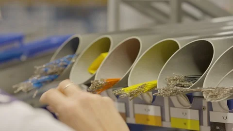 Car electronics cable manufacturing plant, closeup on the hands that make up the Stock Footage 123518465