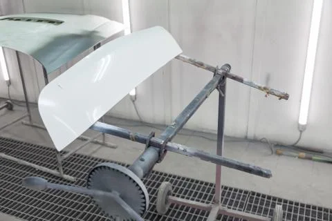 The car elements after the accident in the camera for body repair is preparin Stock Photos