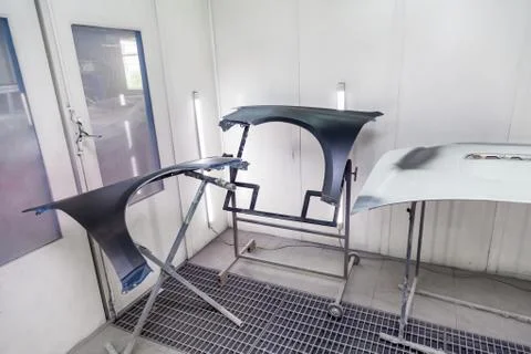 The car elements after the accident in the camera for body repair is preparin Stock Photos