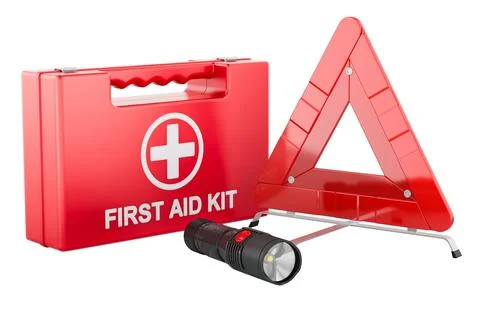 Car emergency kit with first aid box, flashlight and warning triangle. 3D r.. Stock Illustration