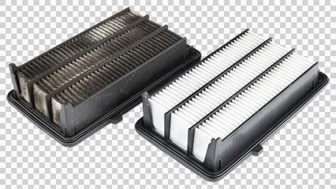 Car engine air filter. Replace one old, dirty air filter on brand new Foto stock