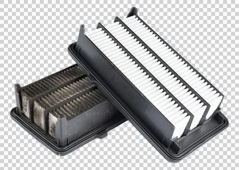 Car engine air filter. Replace one old, dirty air filter on brand new. Foto stock