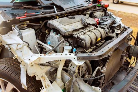 Car engine assembly viewed from front with parts exposed during repair work at Foto stock
