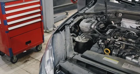 Car Engine Bay. Steadicam Shot Video stock 124980650
