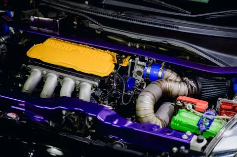 The car engine beautifully decorated to be displayed at the event. Stock Photos