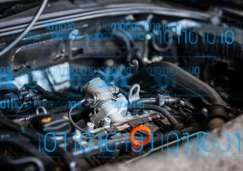 Car engine with blue binary code Stockillustratie