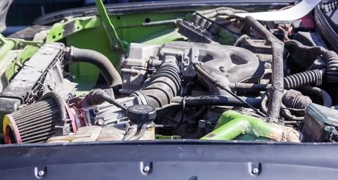 Car engine, car engine close up, engine of a sports car Photos