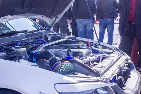 Car engine, car engine close up, engine of a sports car Photos