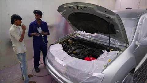 Car Engine Check in Spray Booth During Prep Work Stock Footage 305365641