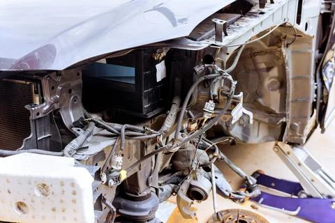 Car engine compartment exposed during repair process at an auto workshop Stockfoto's