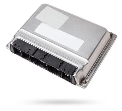 Car engine control unit with metal elements on a white isolated background .. Stock Photos