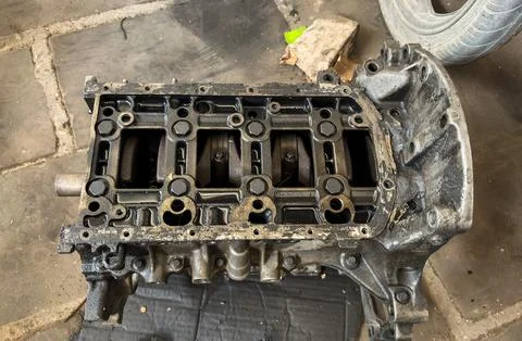 Car Engine Crankcase Exposed During Mechanical Inspection and Rebuild Process 写真素材