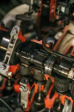 Car Engine Cutaway Showing Internal Combustion Components Close Up Stock Photos