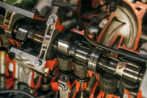 Car Engine Cutaway Showing Internal Combustion Components Close Up Stock Photos