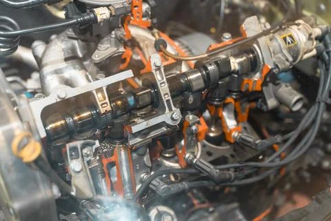 Car Engine Cutaway Showing Internal Combustion Components Close Up Fotos de archivo