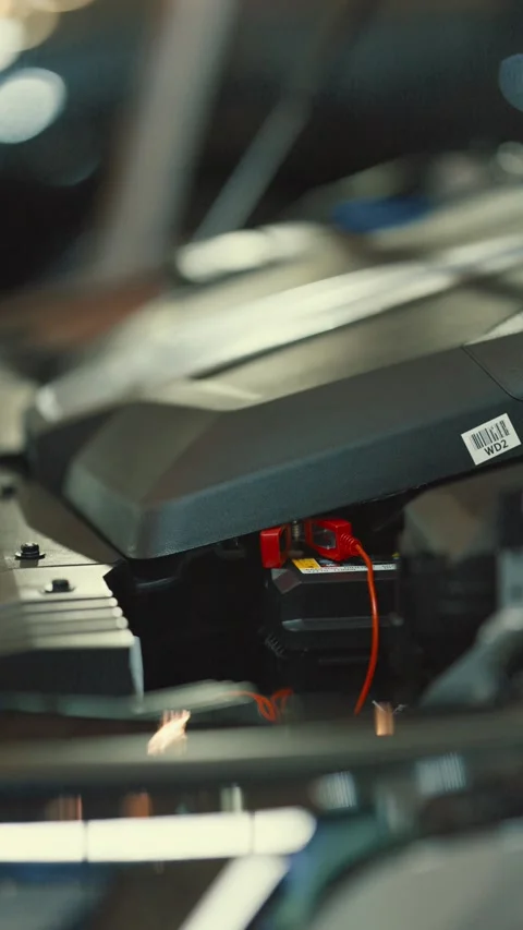 Car engine details are shown during repair at a garage in the afternoon Stock Footage 338242858