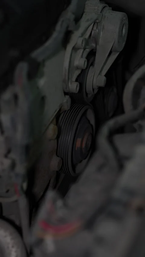 Car engine drive belt routing around compressor and tensioner pulleys. Stock Footage 344595711