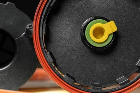 Car engine filter on dark background, close up. 스톡 사진