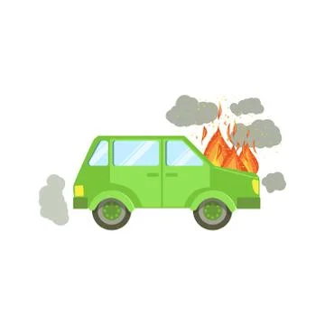 Car With Engine On Fire And Smoke Clouds Around Stock Illustration