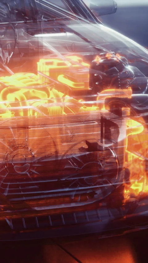 Car engine with glowing parts shown in a detailed view at workshop Stock Footage 336029126