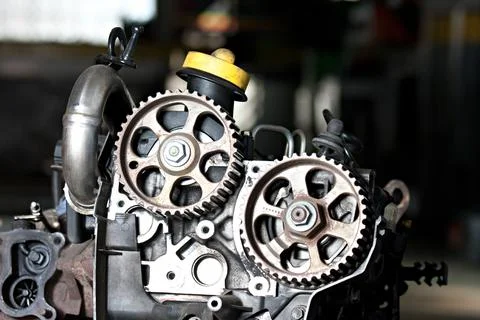 Car Engine. Modern powerful car engine in a garage. Stock Photos