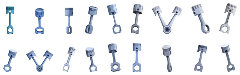 Car engine piston icons set. Comprehensive set of engine pistons, showcasing  Stock Illustration